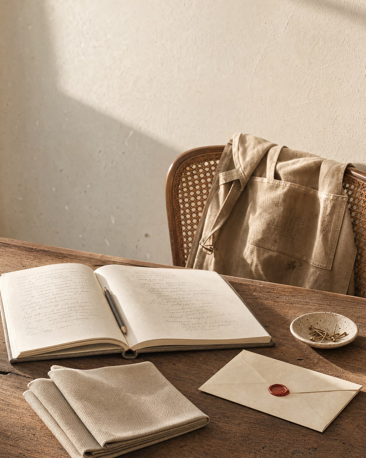 A workshop atmosphere — linen apron over a wooden chair in afternoon light
