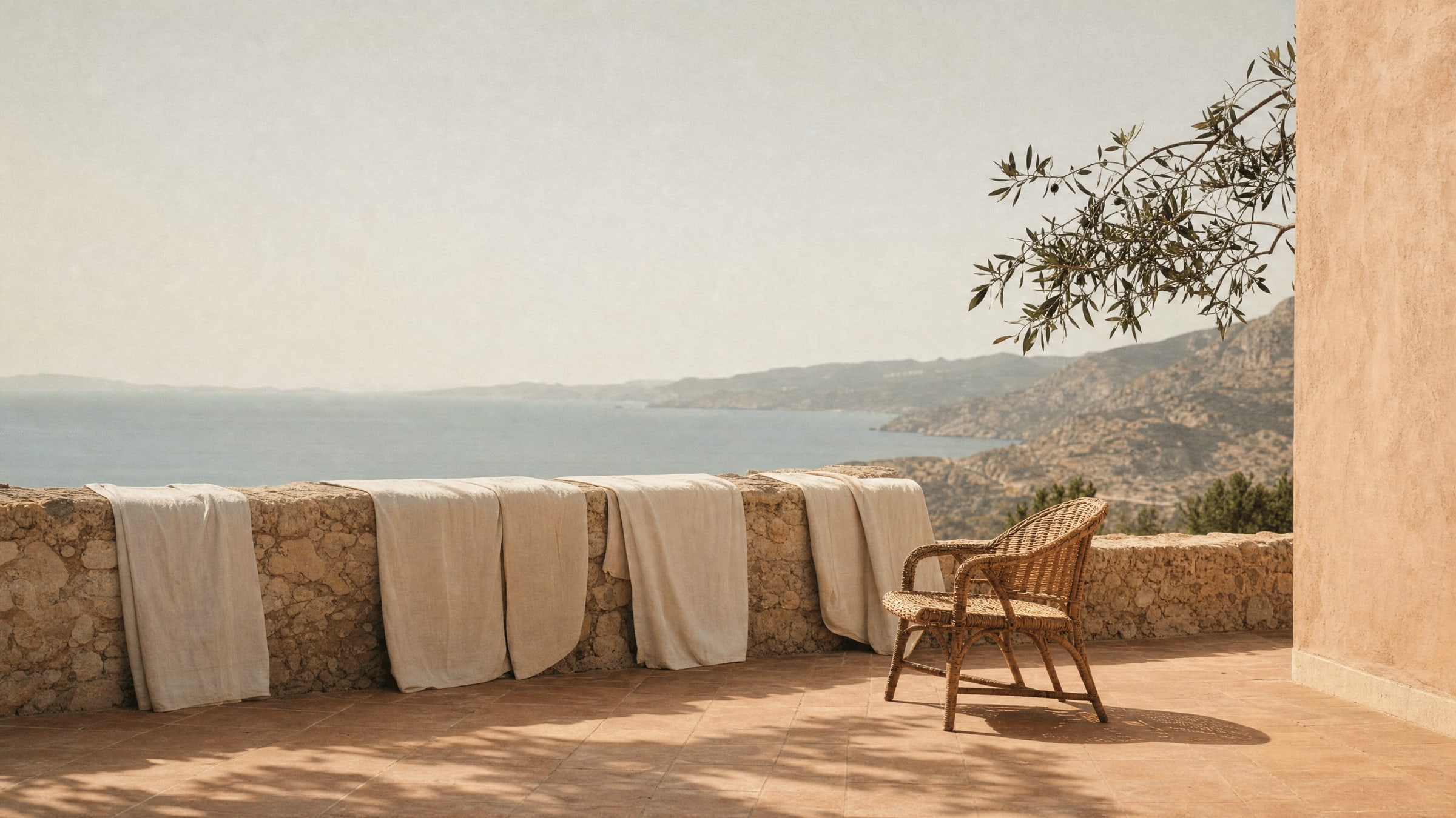 Sun-bleached Mediterranean villa terrace, linen drying on a stone wall, in warm afternoon light